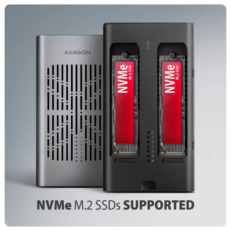 Caixa externa AXAGON EEM2-20GD USB-C 20 Gbps para duas SSD M.2 NVMe com clonagem por hardware
