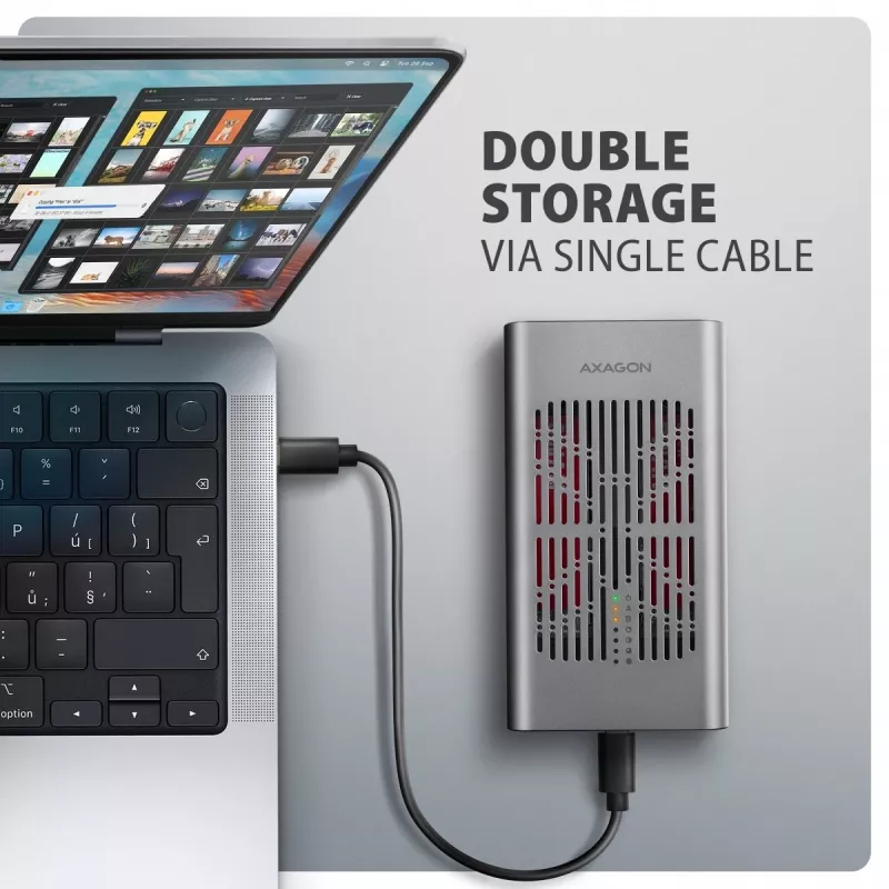 Caixa externa AXAGON EEM2-20GD USB-C 20 Gbps para duas SSD M.2 NVMe com clonagem por hardware