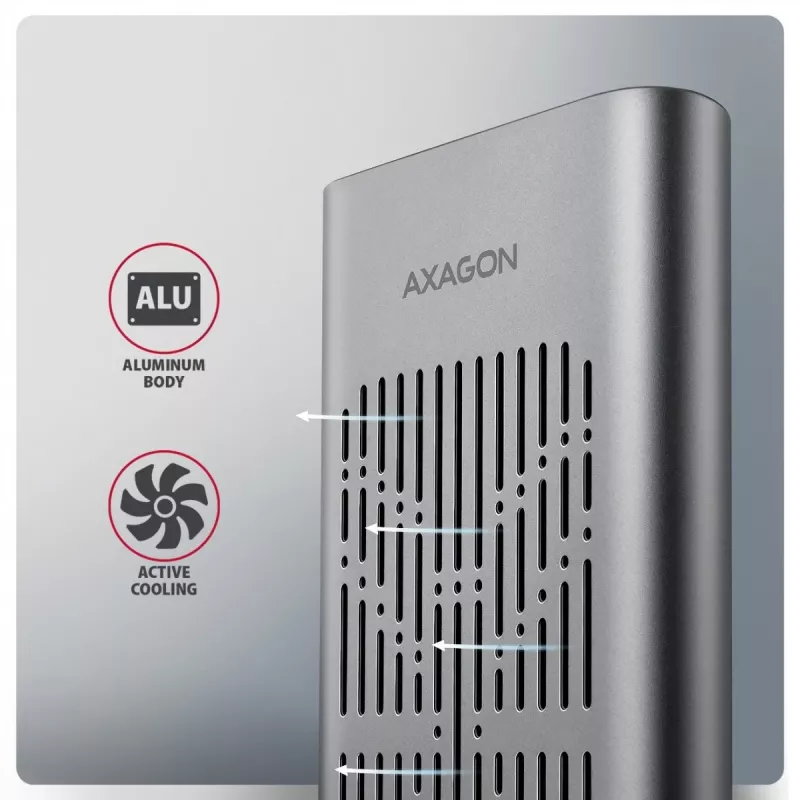 Caixa externa AXAGON EEM2-20GD USB-C 20 Gbps para duas SSD M.2 NVMe com clonagem por hardware