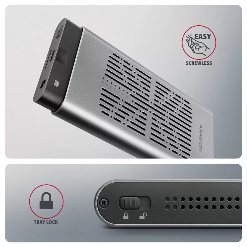 Caixa externa AXAGON EEM2-20GD USB-C 20 Gbps para duas SSD M.2 NVMe com clonagem por hardware
