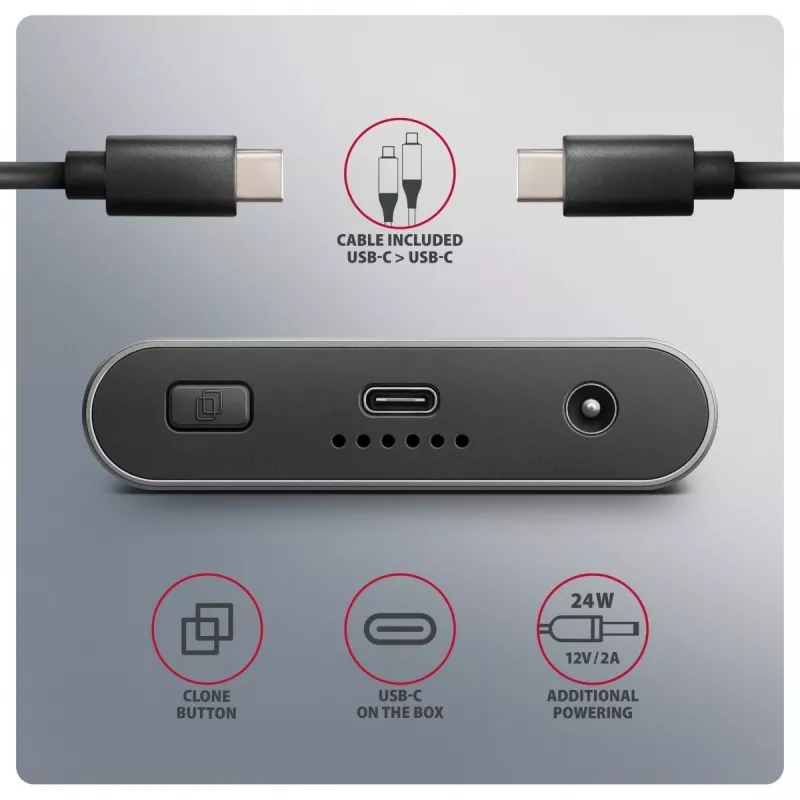 Caixa externa AXAGON EEM2-20GD USB-C 20 Gbps para duas SSD M.2 NVMe com clonagem por hardware