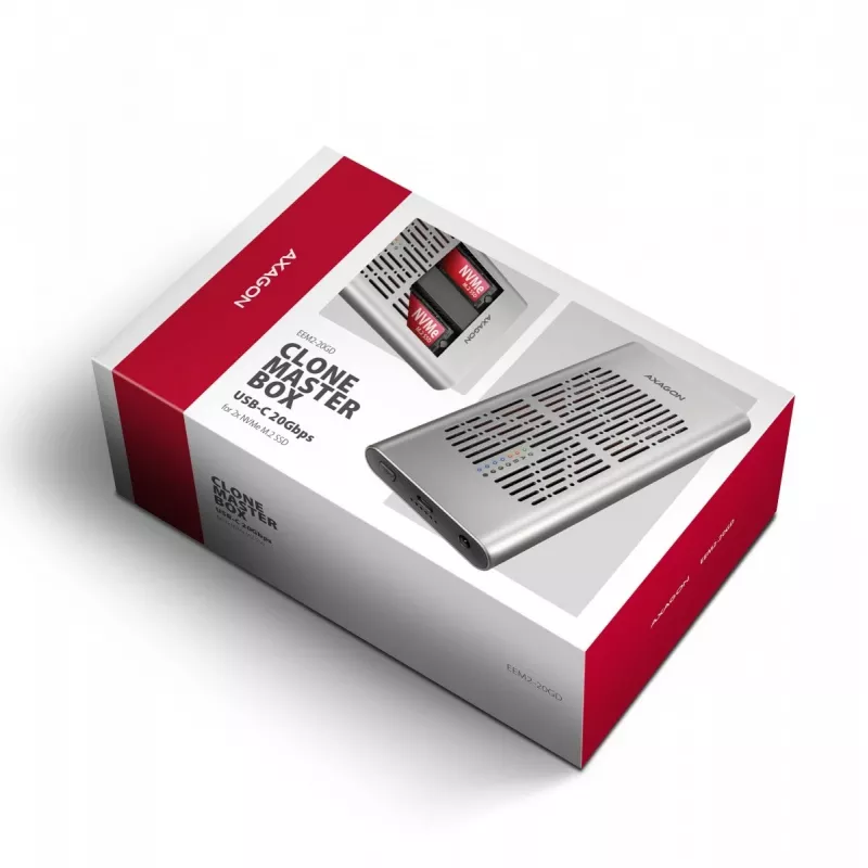 Caixa externa AXAGON EEM2-20GD USB-C 20 Gbps para duas SSD M.2 NVMe com clonagem por hardware