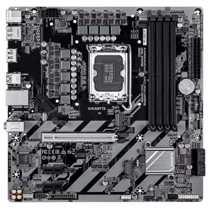 GIGABYTE B860M D3W Motherboard - CPUs Intel Core Ultra Series, 4+1+2 fases VRM, até 9066MHz DDR5, 2xPCIe 4.0 M.2, 1GbE LAN, USB 3.2 Gen 1