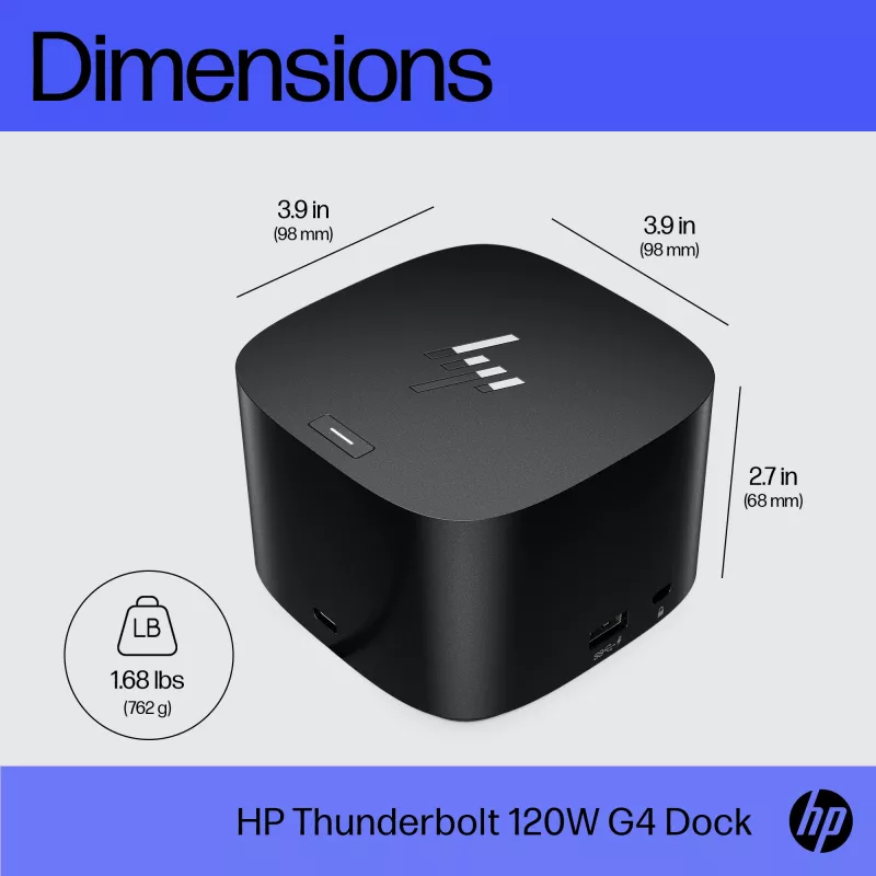 HP Thunderbolt Dock 120W G4, Kensington, China, Tailândia, Taiwan, Empresarial, Windows 10, Windows 11, MacOS, 98 mm