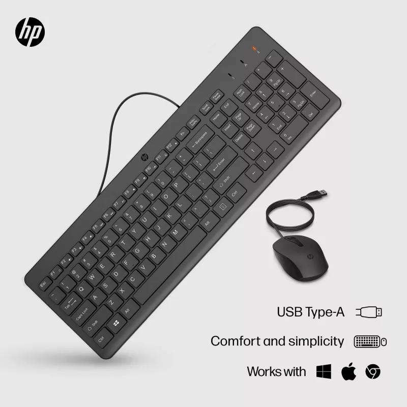 Conjunto de teclado e rato com fios HP 150 — teclado USB tamanho completo (membrana), preto, com rato incluído