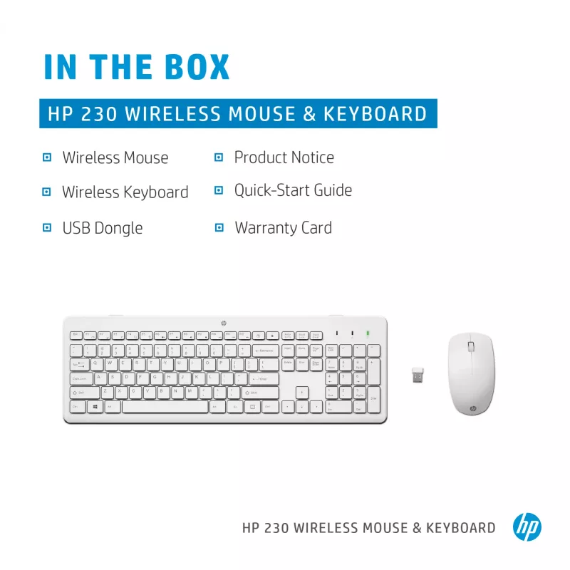Conjunto de rato e teclado sem fios HP 230, branco, rato incluído
