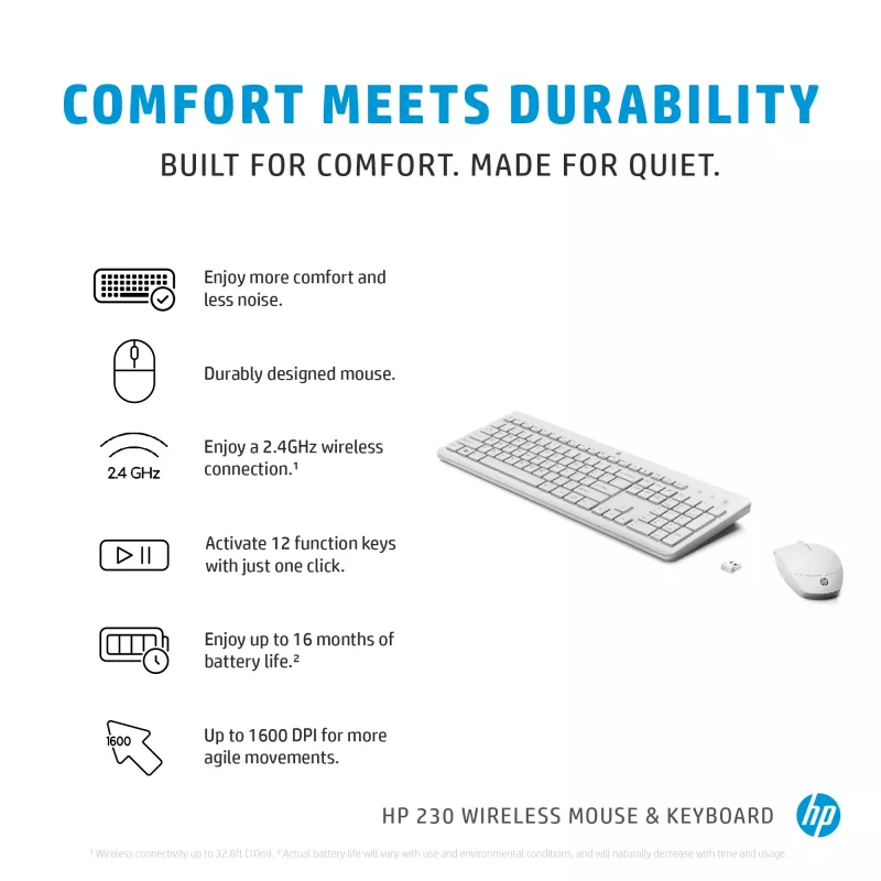 Conjunto de rato e teclado sem fios HP 230, branco, rato incluído