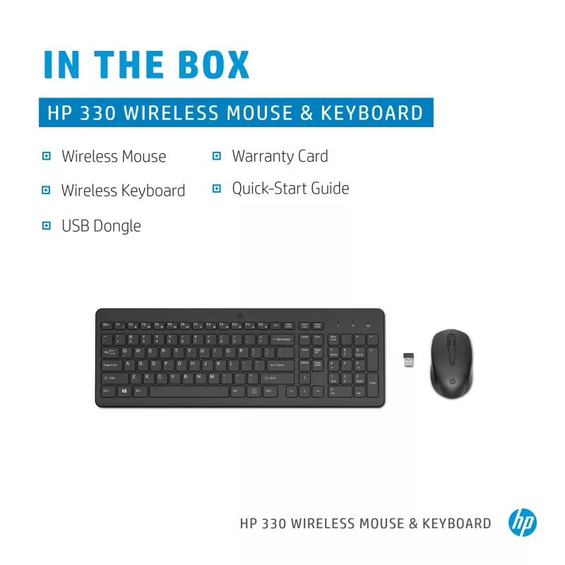 Conjunto de teclado e rato sem fios HP 330 — teclado tamanho completo, RF Wireless, preto, rato incluído