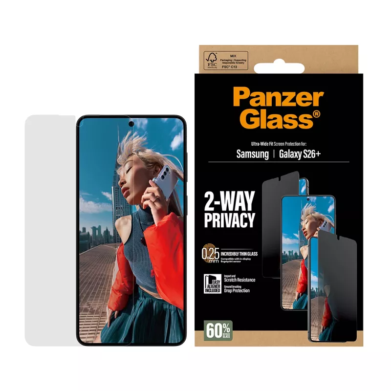 Proteção de ecrã com privacidade 2 vias PanzerGlass® Samsung Galaxy S26+ | Ultra-Wide Fit com EasyAligner