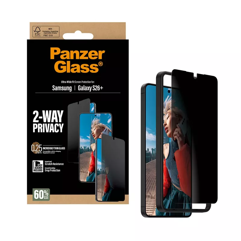 Proteção de ecrã com privacidade 2 vias PanzerGlass® Samsung Galaxy S26+ | Ultra-Wide Fit com EasyAligner