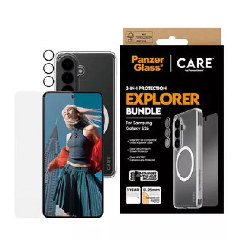 Proteção de ecrã PanzerGlass CARE 3-em-1 para Samsung Galaxy S (2026) – PanzerGlass