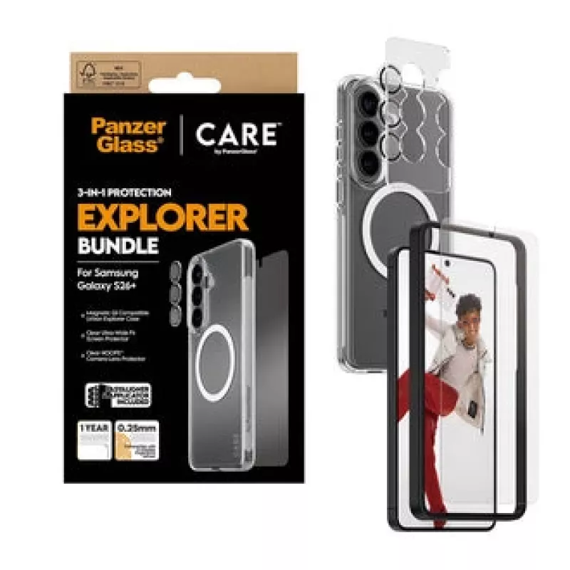 Proteção de ecrã PanzerGlass CARE 3-em-1 para Samsung Galaxy S Plus 2026 — Conjunto PanzerGlass CARE