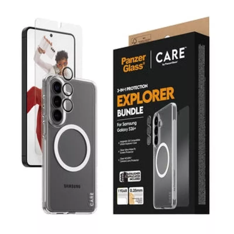 Proteção de ecrã PanzerGlass CARE 3-em-1 para Samsung Galaxy S Plus 2026 — Conjunto PanzerGlass CARE
