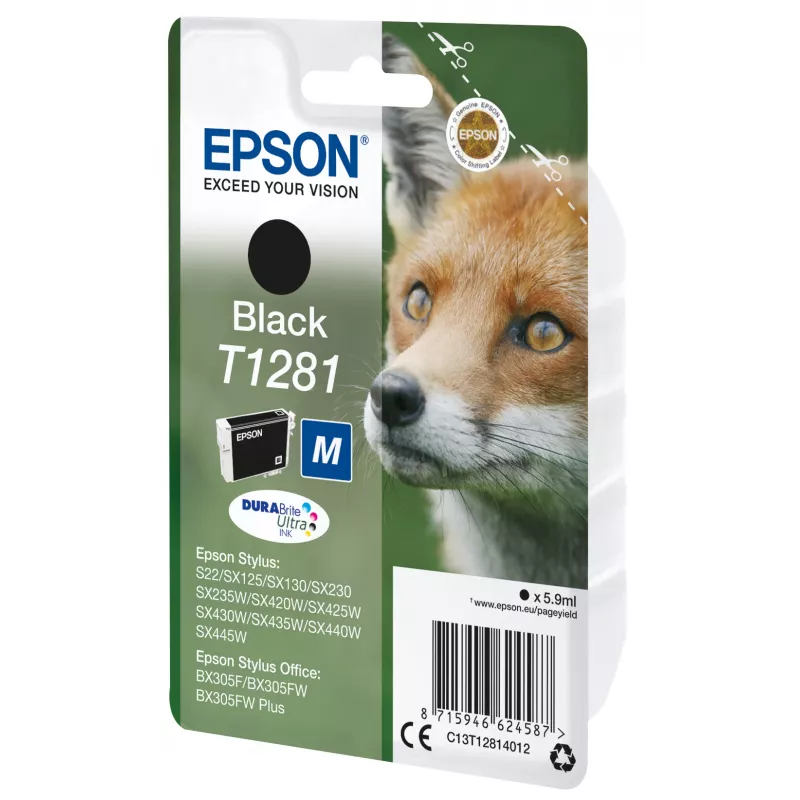 Epson Fox embalagem individual preto T1281 tinta DURABrite Ultra, preto, tinta pigmentada, 5,9 ml, 1 unid., 185 páginas