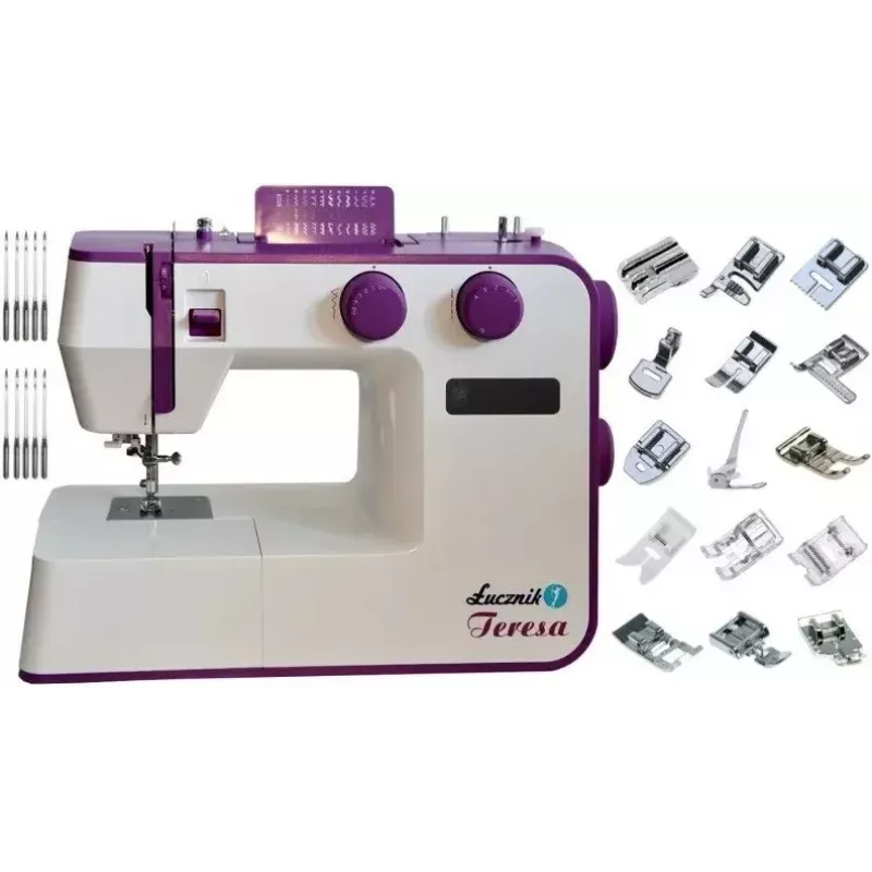 Máquina de costura Lucznik Teresa portátil leve – modelo Teresa, máquina de costura doméstica elétrica, funções básicas de pontos, branco-violeta