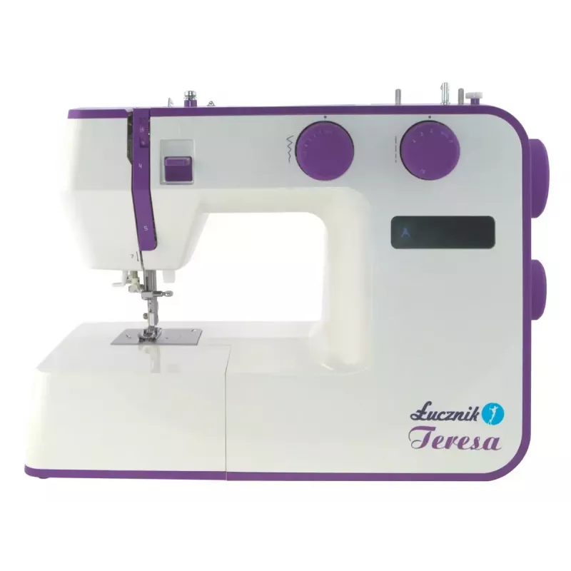 Máquina de costura Lucznik Teresa portátil leve – modelo Teresa, máquina de costura doméstica elétrica, funções básicas de pontos, branco-violeta