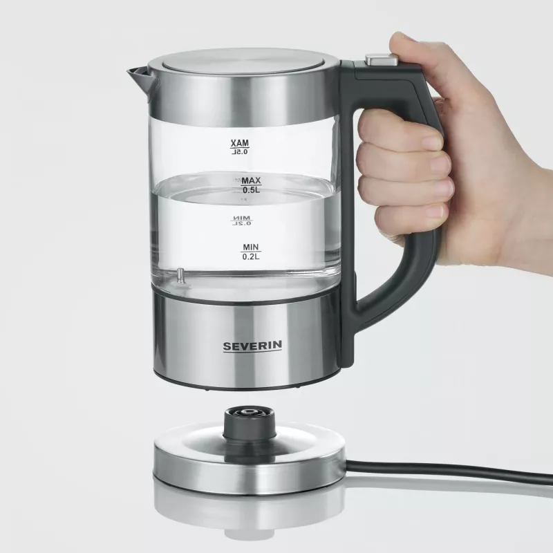 Chaleira elétrica SEVERIN WK3458, 0,5 L, 1100 W, Vidro e aço inoxidável, 5 definições de temperatura, sem fios