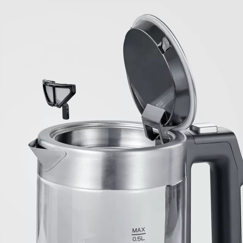 Chaleira elétrica SEVERIN WK3458, 0,5 L, 1100 W, Vidro e aço inoxidável, 5 definições de temperatura, sem fios