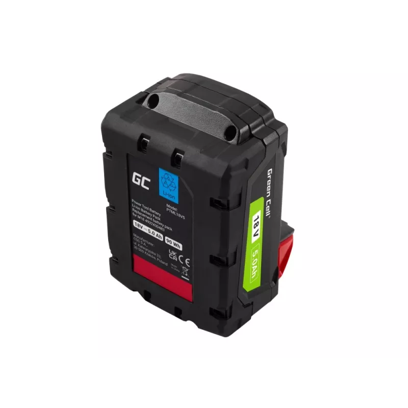 Bateria Green Cell PTML18V5 Li-Ion 18 V 5 Ah para ferramentas sem fios, dimensões 8 × 11,9 × 7,5 cm