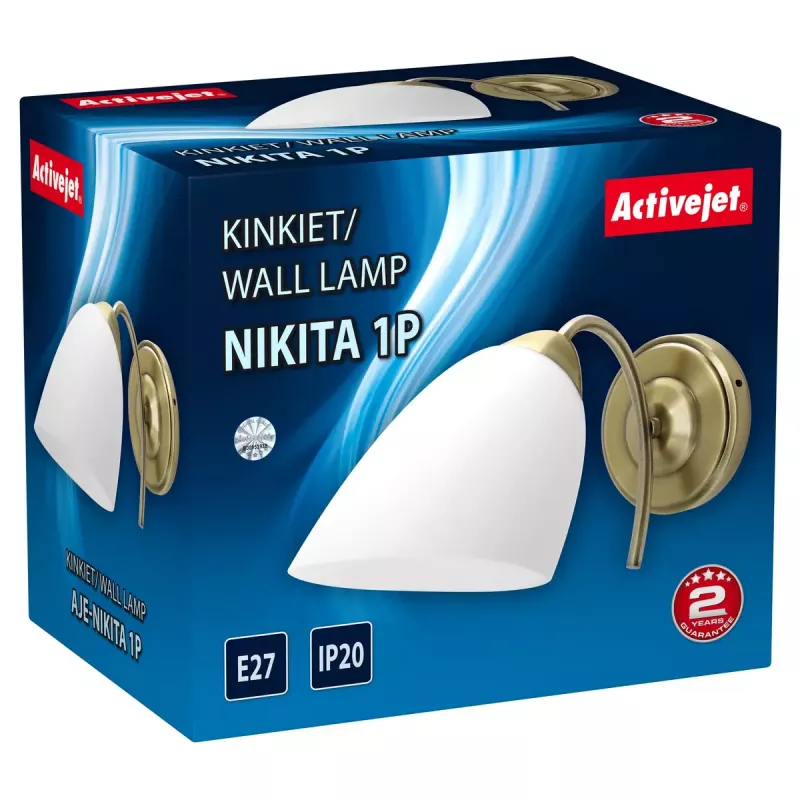 Candeeiro de parede ActiveJet NIKITA Patyna E27 casquilho único, corpo em metal, IP20, 220–240 V, 60 W, vidro branco