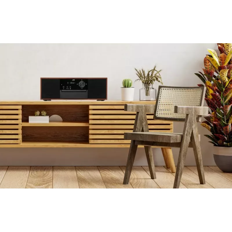 Mini-cadeia de música JVC RD-E761, 2x8 W RMS, Bluetooth 4.2, USB, CD, FM, caixa em madeira, preto