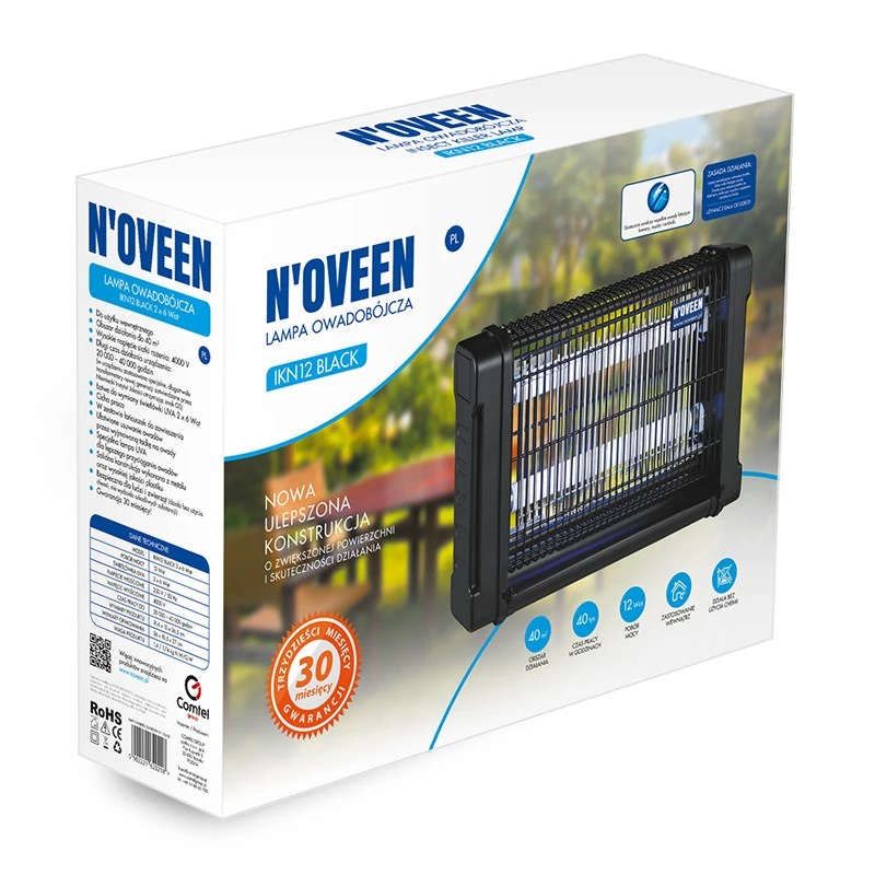 Lâmpada inseticida NOVEEN IKN12 Preto UV eliminador de insetos energeticamente eficiente para interiores