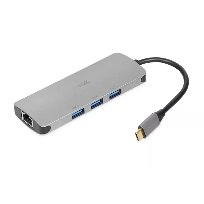 Hub de interface IBOX IUH3RJ4K USB Type-C para USB 3.2 Gen 1 Type-A (3 portas), USB 3.2 Gen 2 Type-C, RJ-45, 5000 Mbit/s, Prateado