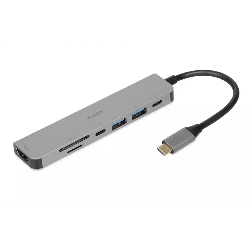 Docking hub IBOX IUH3SL4K USB Type-C 5 Gbit/s, HDMI 4K@30Hz, PD até 100 W, 2x USB-A, 2x USB-C, leitor de cartões, Prateado