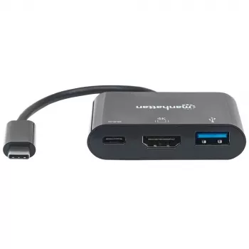 Dock/Hub USB-C Manhattan, Portas (x3): HDMI, USB-A e USB-C, 5 Gbit/s (USB 3.2 Gen1 também conhecido como USB 3.0), com Power Delivery (60W) para a porta USB-C (Nota: fonte de alimentação USB-C adicional e USB-