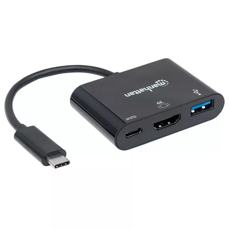 Dock/Hub USB-C Manhattan, Portas (x3): HDMI, USB-A e USB-C, 5 Gbit/s (USB 3.2 Gen1 também conhecido como USB 3.0), com Power Delivery (60W) para a porta USB-C (Nota: fonte de alimentação USB-C adicional e USB-