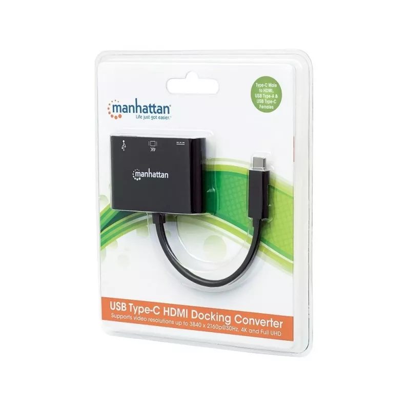 Dock/Hub USB-C Manhattan, Portas (x3): HDMI, USB-A e USB-C, 5 Gbit/s (USB 3.2 Gen1 também conhecido como USB 3.0), com Power Delivery (60W) para a porta USB-C (Nota: fonte de alimentação USB-C adicional e USB-