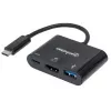 Dock/Hub USB-C Manhattan, Portas (x3): HDMI, USB-A e USB-C, 5 Gbit/s (USB 3.2 Gen1 também conhecido como USB 3.0), com Power Delivery (60W) para a porta USB-C (Nota: fonte de alimentação USB-C adicional e USB-