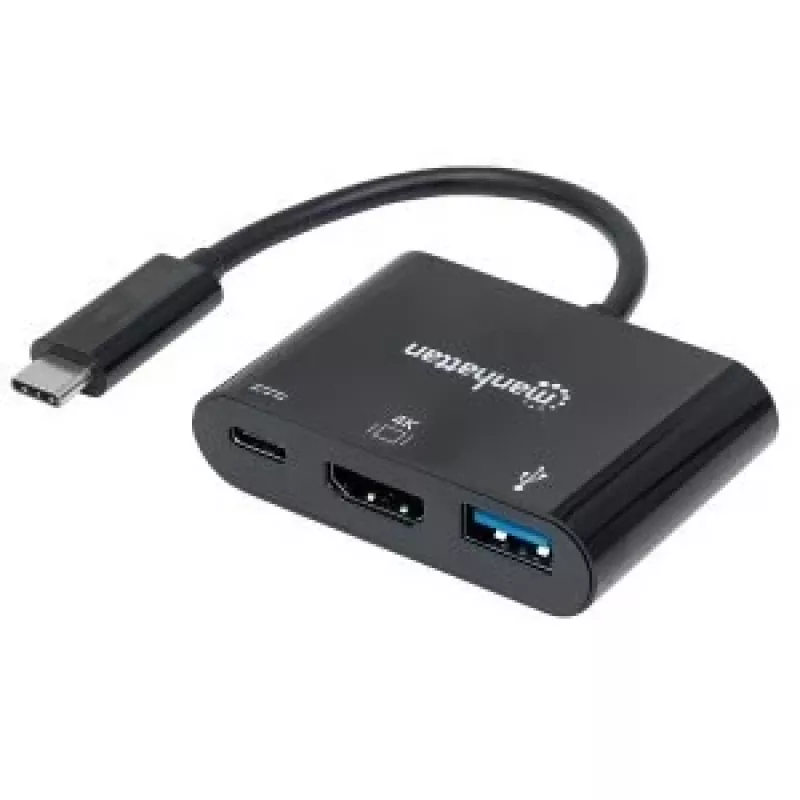 Dock/Hub USB-C Manhattan, Portas (x3): HDMI, USB-A e USB-C, 5 Gbit/s (USB 3.2 Gen1 também conhecido como USB 3.0), com Power Delivery (60W) para a porta USB-C (Nota: fonte de alimentação USB-C adicional e USB-