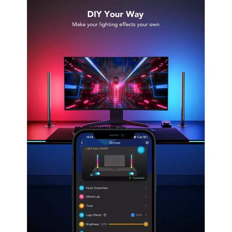 Barras de luz gaming de mesa e suspensas Govee H6047 RGBIC Wi‑Fi, iluminação RGBIC multizona