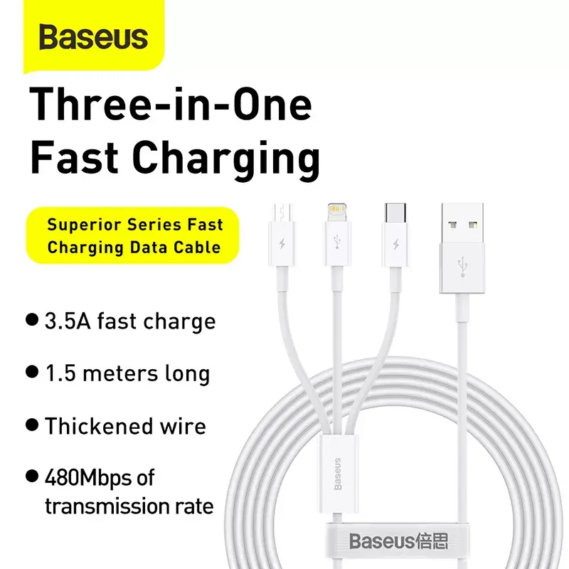Cabo USB Baseus Superior USB 2.0 1,5 m USB A USB C/Micro USB A/Lightning branco