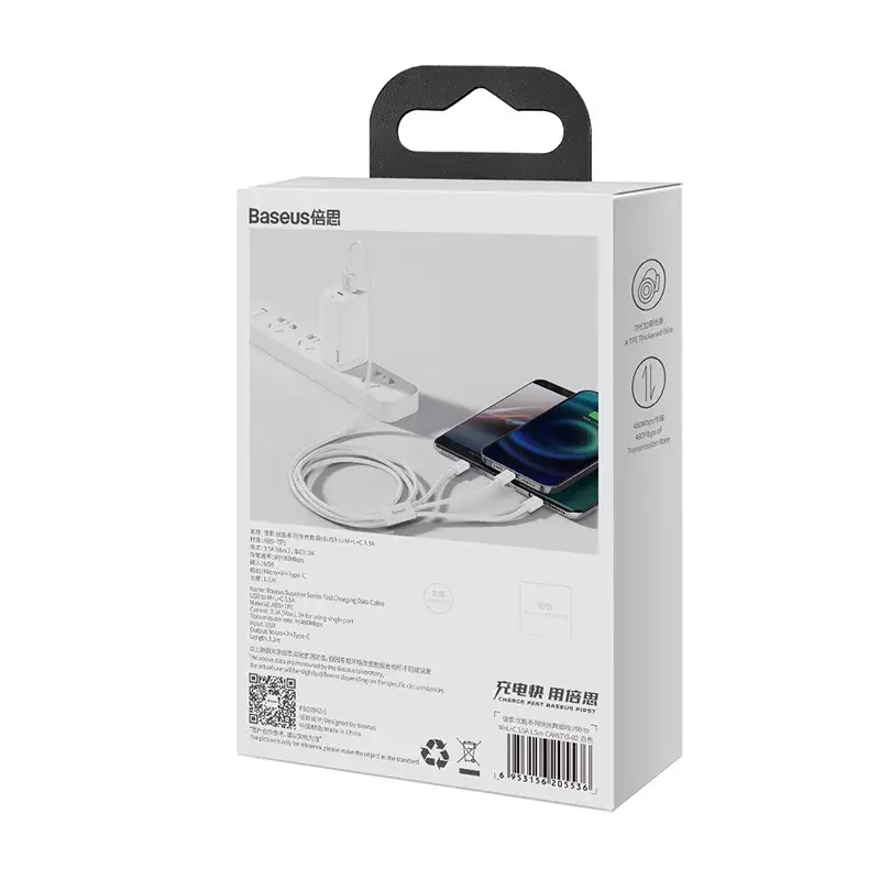 Cabo USB Baseus Superior USB 2.0 1,5 m USB A USB C/Micro USB A/Lightning branco