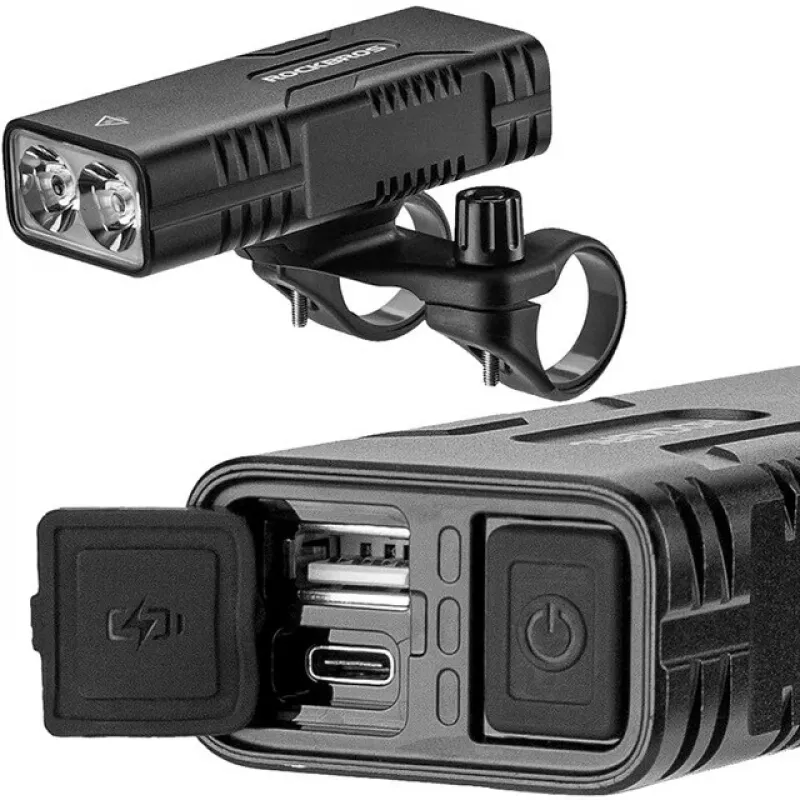 Rockbros luz de bicicleta com função de power bank + cabo de USB-C para USB-A, 850 lm, preto