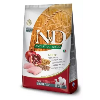 FARMINA N&D ANCESTRAL GRAIN DOG LIGHT - FRANGO, ESPELTA, AVEIA E ROMÃ ADULTO MÉDIO & MAXI 12 kg