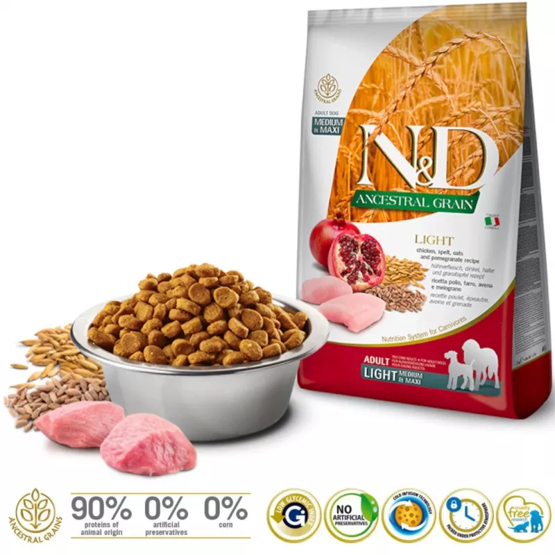 FARMINA N&D ANCESTRAL GRAIN DOG LIGHT - FRANGO, ESPELTA, AVEIA E ROMÃ ADULTO MÉDIO & MAXI 12 kg