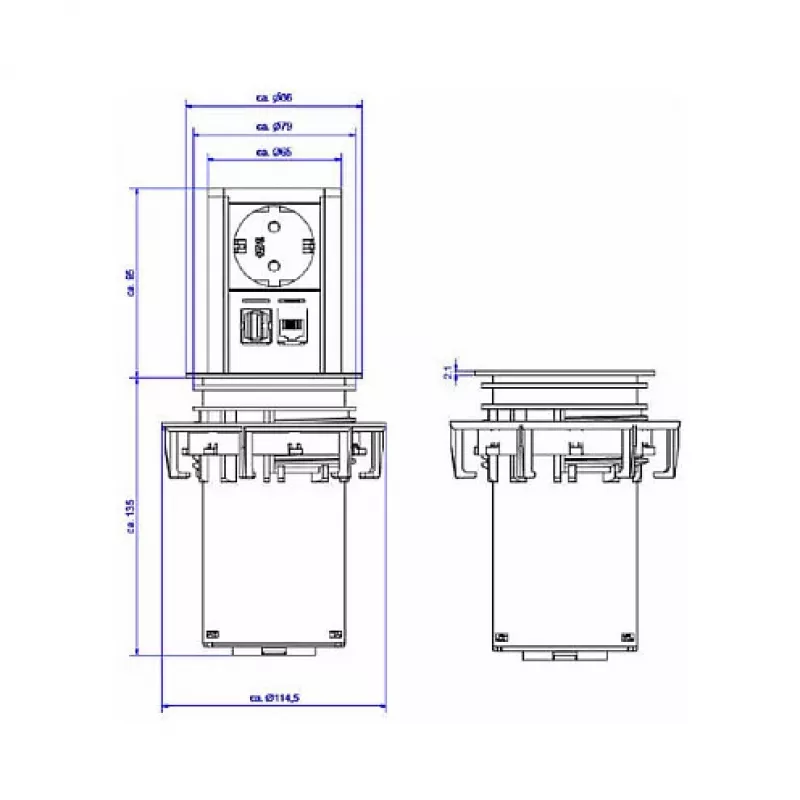Elevador 1x tomada schuko 1xCAT6 1xUSB3.0 - Acessório alimentação elétrica