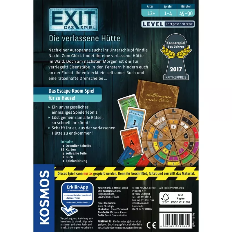 EXIT - O Jogo - A Cabana Abandonada, jogo de festa Kennerspiel des Jahres 2017