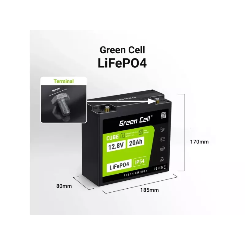 Bateria UPS Green Cell GC-LFPGC12V20AH fosfato de ferro-lítio 12,8 V 20 Ah, 256 Wh, 185 x 80 x 170 mm, 3 kg
