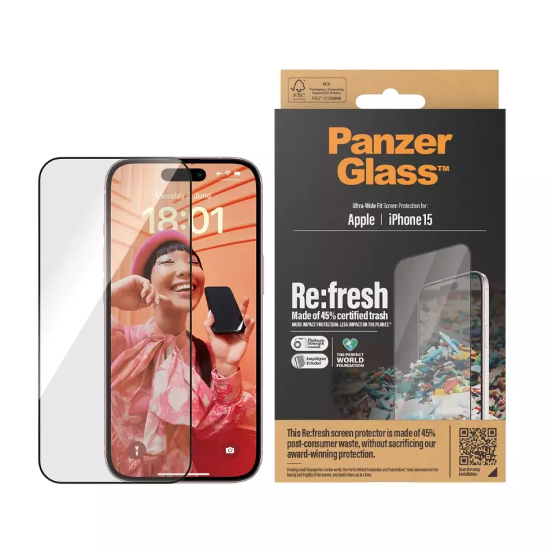 PanzerGlass ® Re:fresh Proteção de ecrã iPhone 15 Ultra-Wide Fit EasyAligner resistente a impactos Transparente