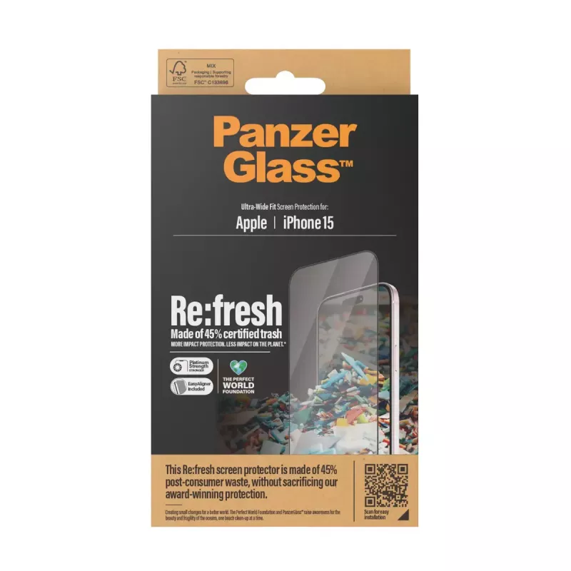 PanzerGlass ® Re:fresh Proteção de ecrã iPhone 15 Ultra-Wide Fit EasyAligner resistente a impactos Transparente