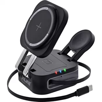 Carregador sem fios para interiores InLine 33392T para auscultadores, headsets, smartphones e smartwatches – alimentação USB 9/12 V, preto