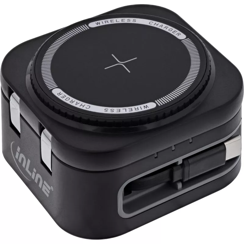 Carregador sem fios para interiores InLine 33392T para auscultadores, headsets, smartphones e smartwatches – alimentação USB 9/12 V, preto