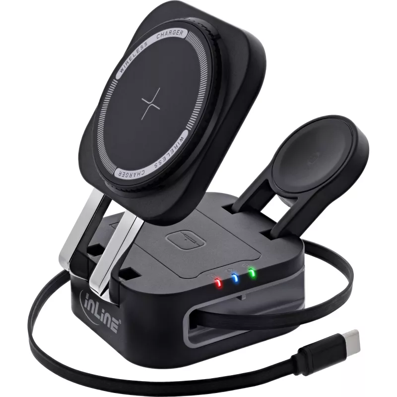Carregador sem fios para interiores InLine 33392T para auscultadores, headsets, smartphones e smartwatches – alimentação USB 9/12 V, preto