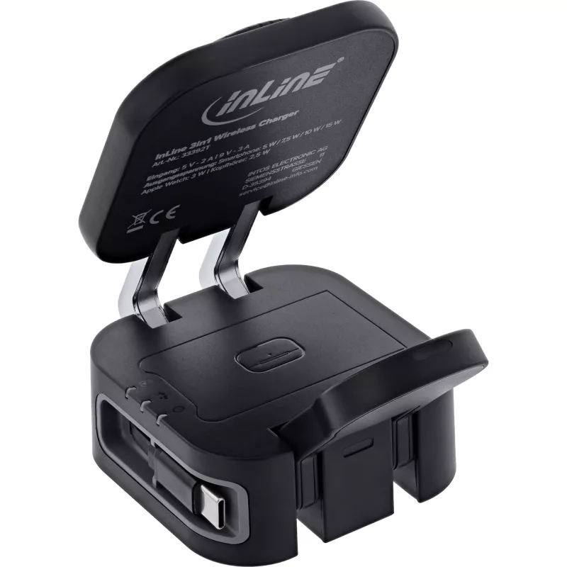 Carregador sem fios para interiores InLine 33392T para auscultadores, headsets, smartphones e smartwatches – alimentação USB 9/12 V, preto