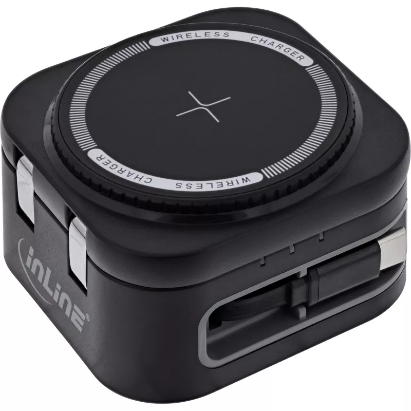 Carregador sem fios para interiores InLine 33392T para auscultadores, headsets, smartphones e smartwatches – alimentação USB 9/12 V, preto