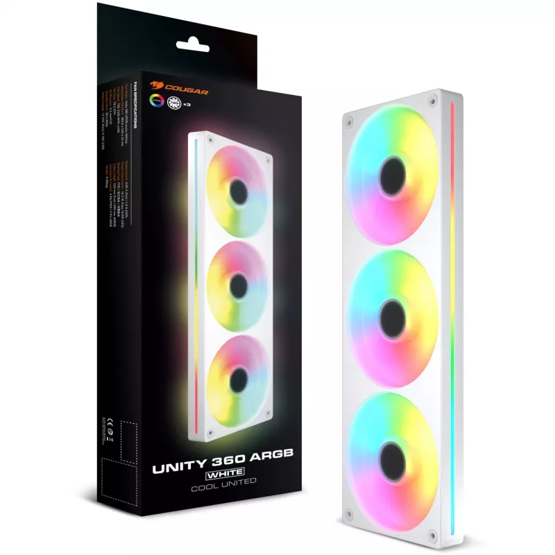 COUGAR Unity360-FB ventoinha ARGB PWM invertida de estrutura única 360mm, 120mm x3, 700–1600 RPM, FDB, branca